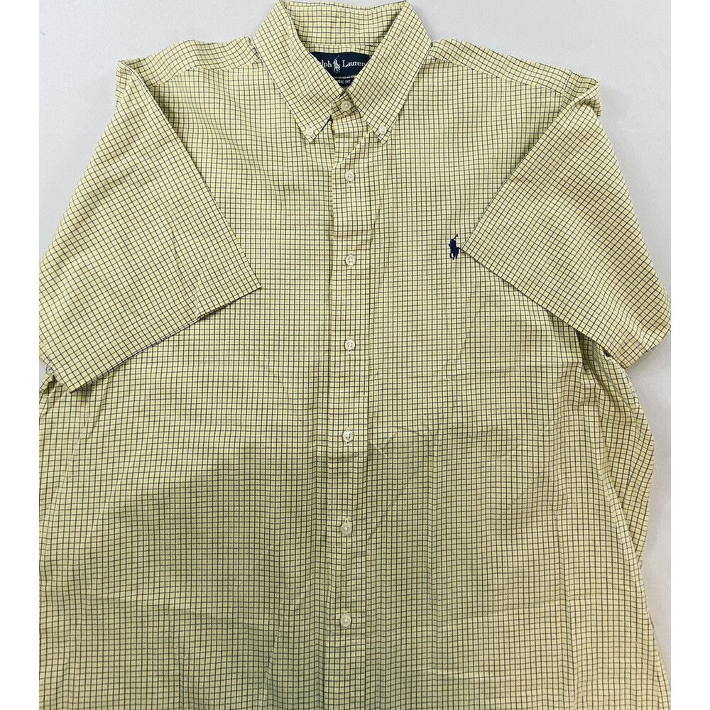 Ralph Lauren Mens Classic Yellow Blue White Check Button Down Short Sleeve Sz L